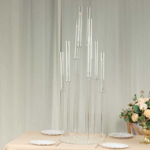 10-Arm Acrylic Cluster Round Taper Candelabra with Circular Base 47" Clear - Sleek Pillar Candle Holder Table Centerpiece